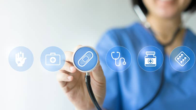 Médico estetoscopio enfermera chequeo de iconos médicos