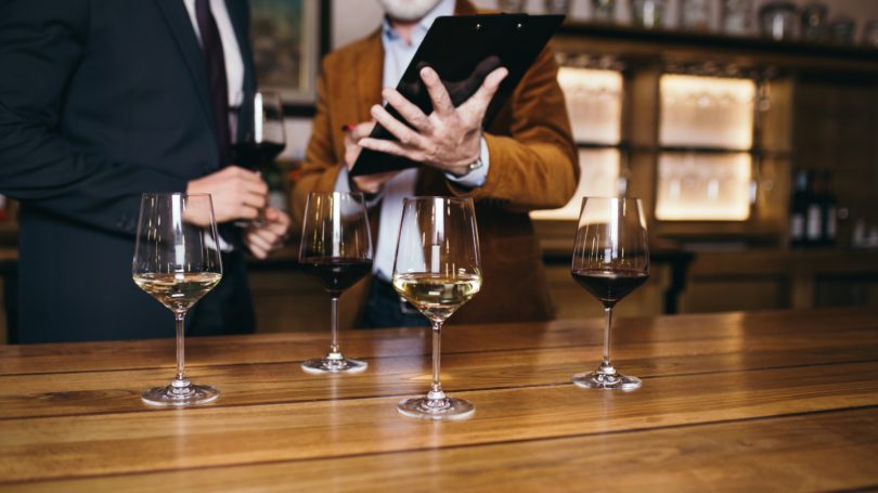 Degustación de vinos para caballeros mayores sirviendo viñedos